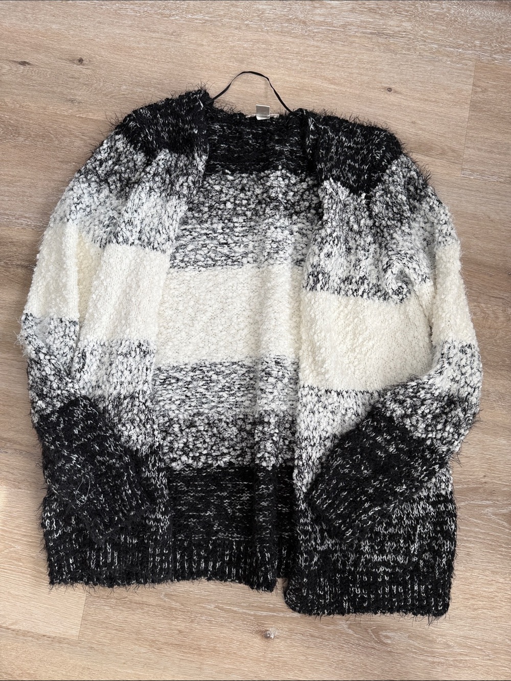 LOFT Black & Cream Striped Open-Front Cardigan